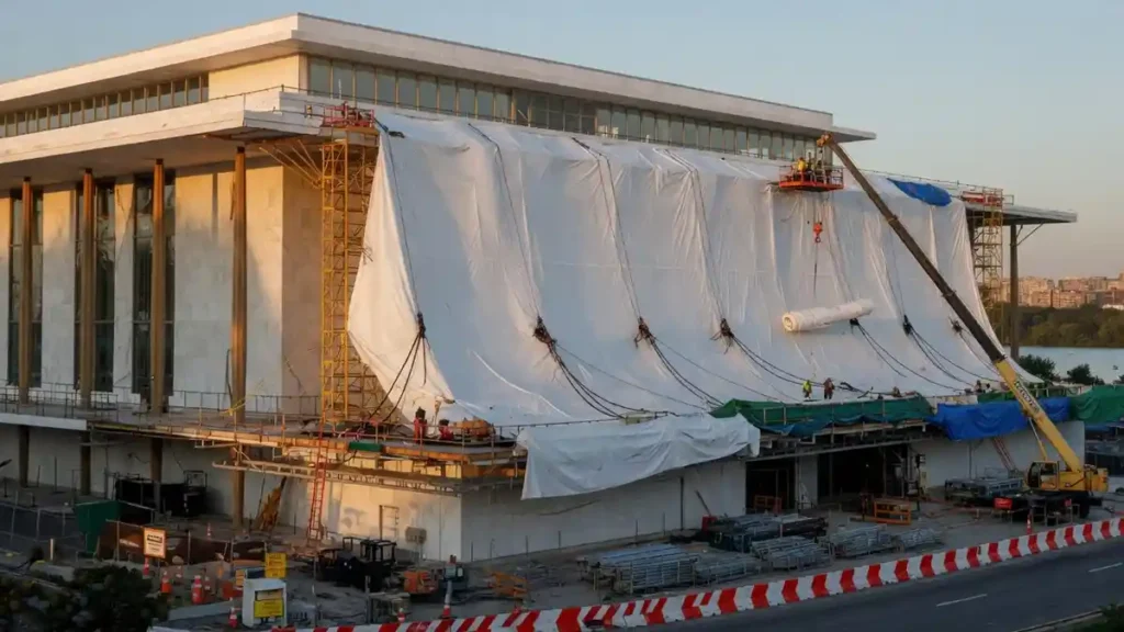 kennedy center tarp facade construction