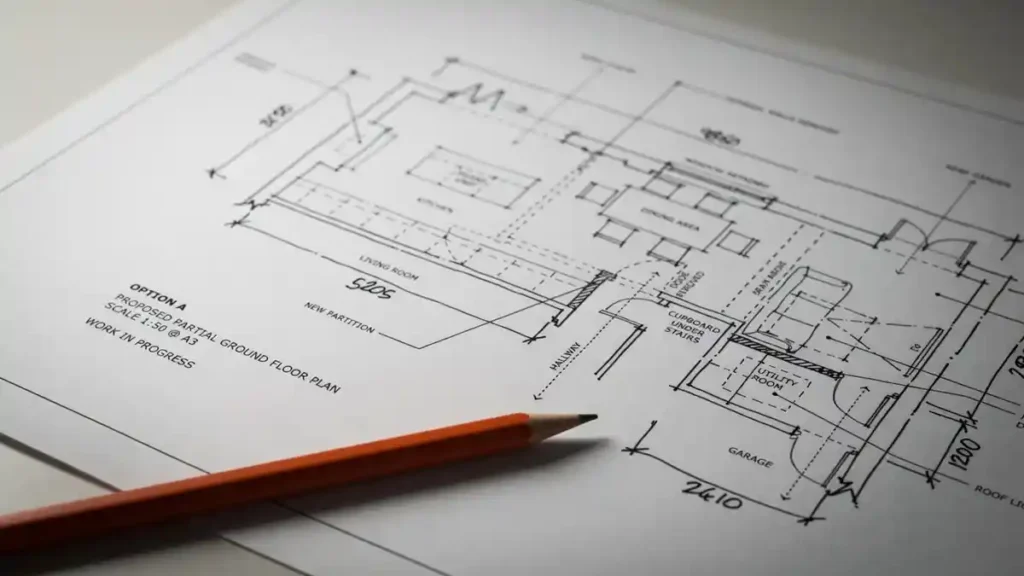 construction blueprint showing foundation and framed wall